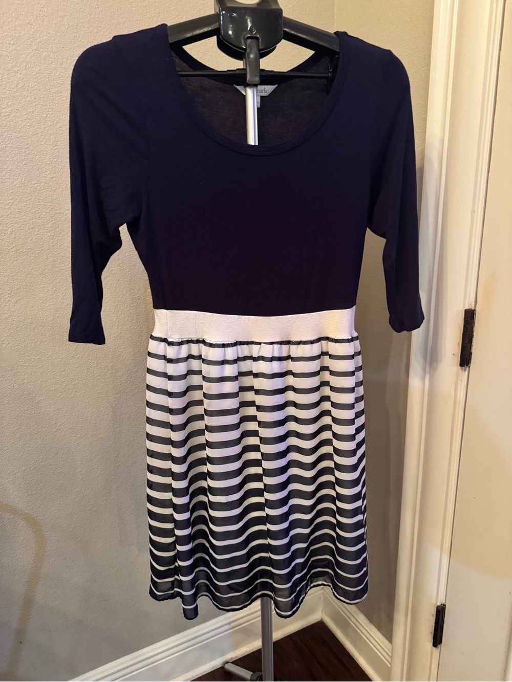 Charming Charlie Navy & White Long-Sleeve Striped Waist Dress